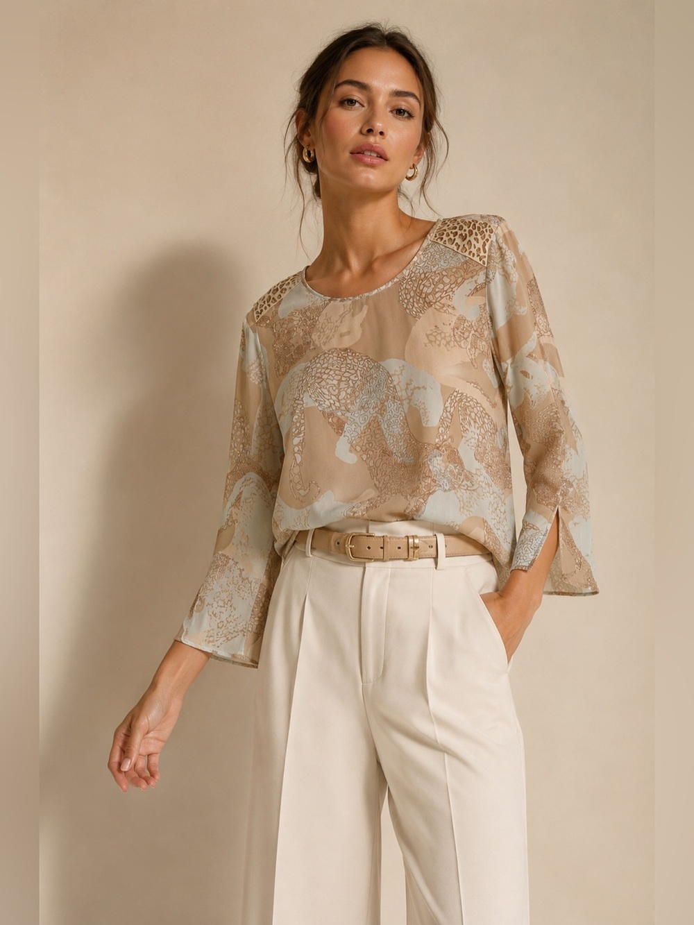 Marc Cain 100% Silk Leopard Print Blouse N3 M Beige Taupe Designer Top